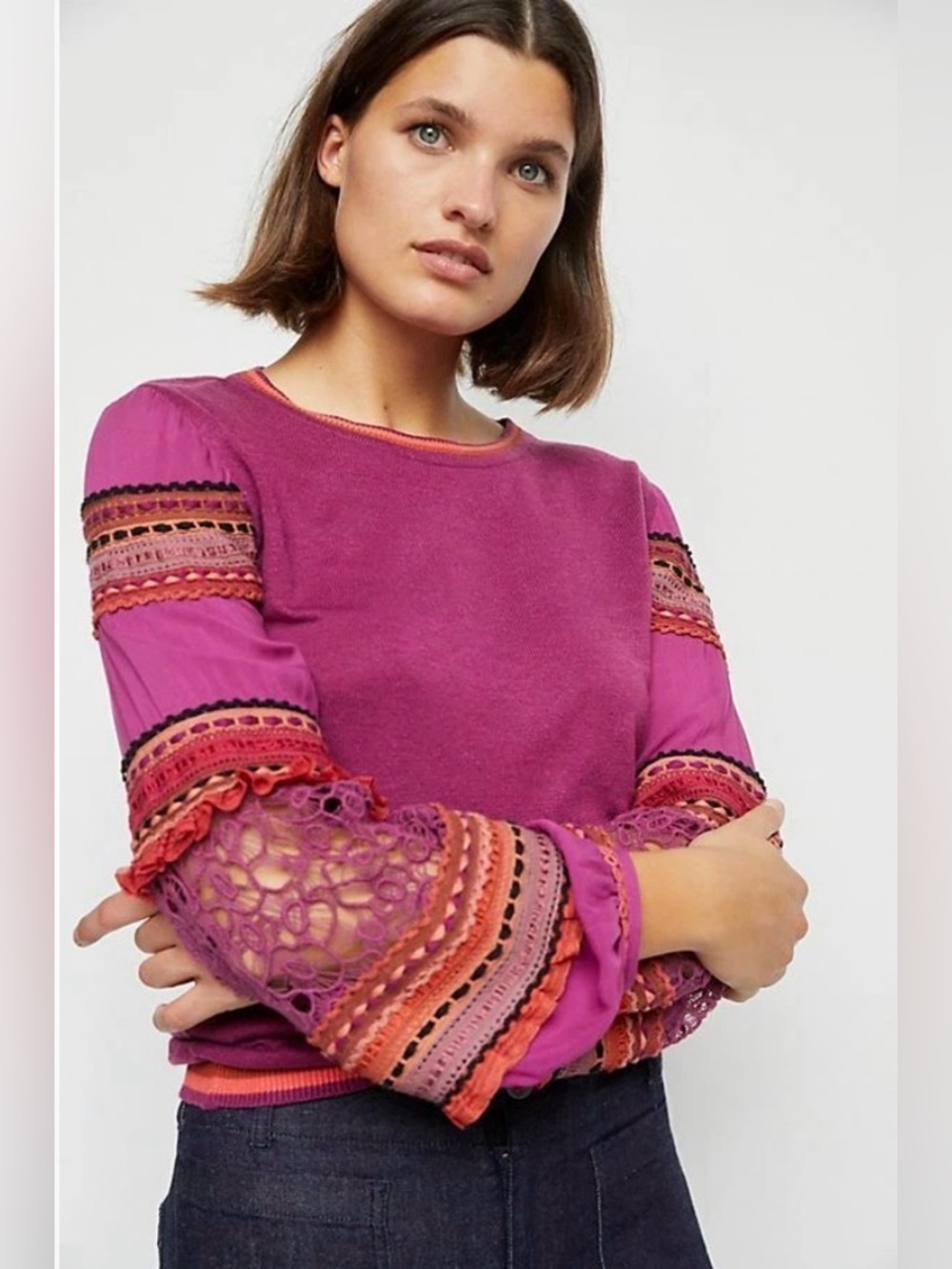 Anthropologie Blank London Emeryl‎ Lace Contrast Sweater Boho Puff Sleeve XS